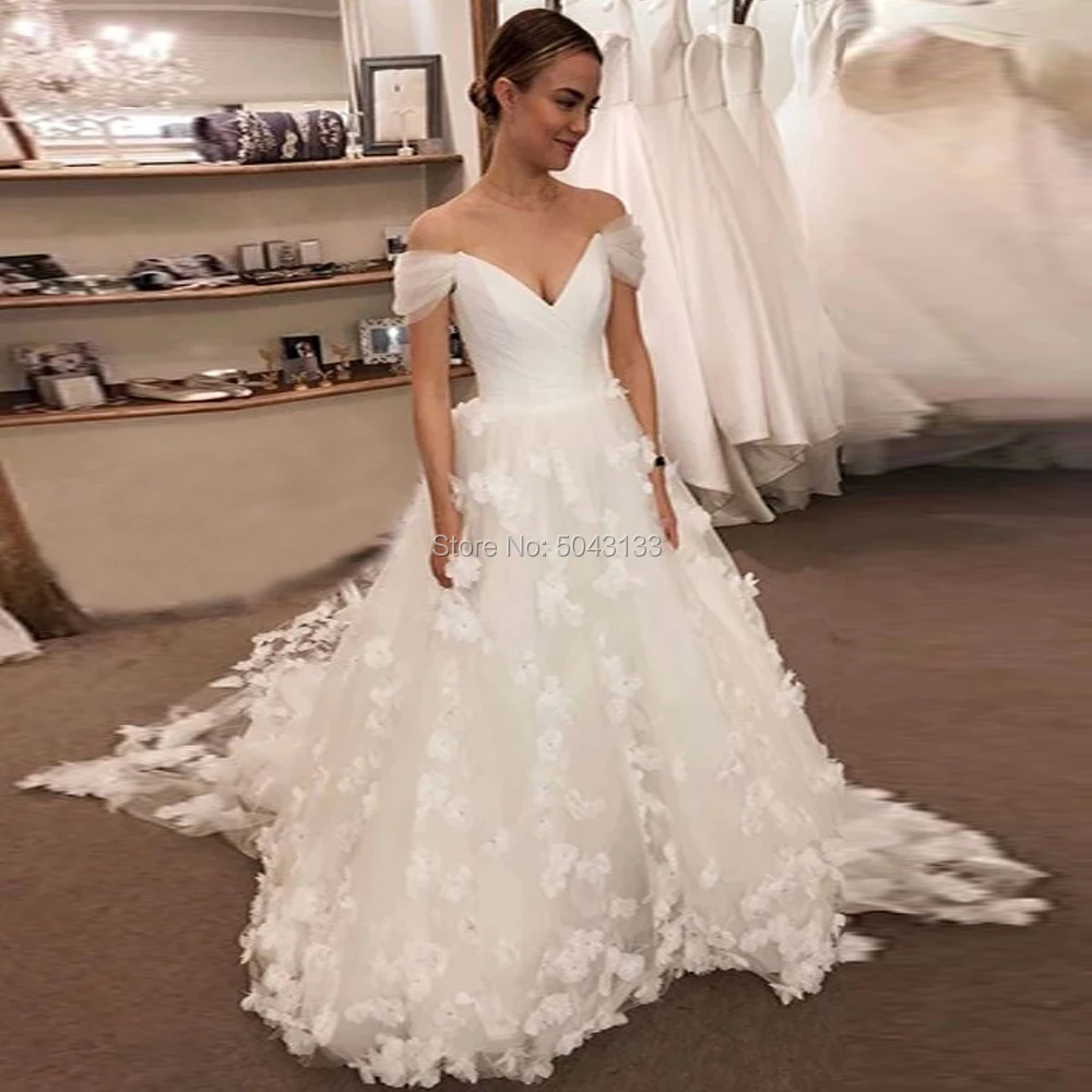 

Princess Off-the-shoulder Flower Wedding Dresses 2020 Sexy Pleated Sweetheart Lace Up Sweep Train Bridal Gowns Vestido de Mariee