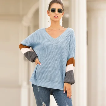 

V-neck Lantern Sleeve stripe color blocking sweater