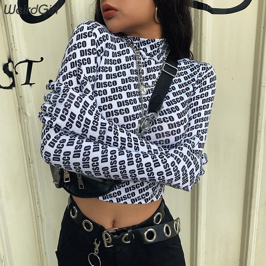 Weirdgirl women letter print tshirt with gloves autumn turtleneck Girl hip-hop short Tops Basic Pullovers slim skinny Tees