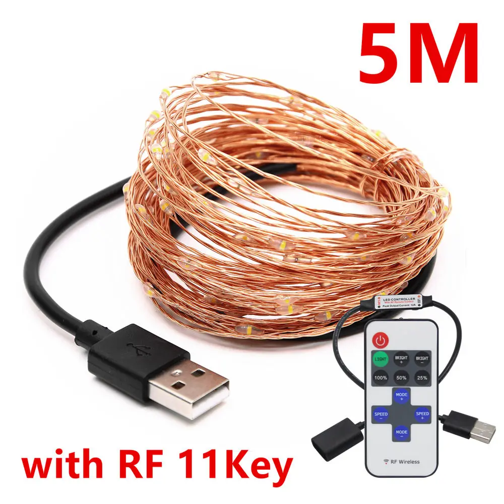 DC 5 В USB светодиодный гирлянды медный провод 5 м 10 м Питание от USB Сказочный светодиодный Рождественский свет с радиочастотным пультом дистанционного управления для украшения праздника - Испускаемый цвет: 5M with Remote