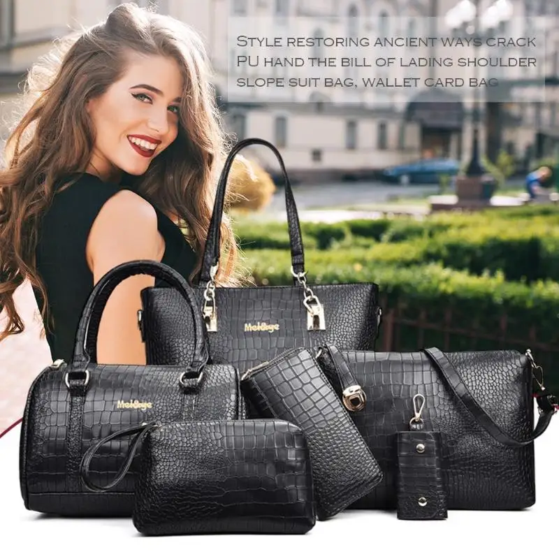 

6pcs/set Solid Color Crack Shoulder Handbags Clutch Leather Women Card Bags
