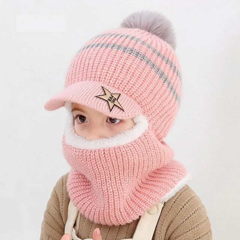 Winter Knitted Wool Hat and Scarf for Kids Boys Girls Pompom Ball Windproof Warm
