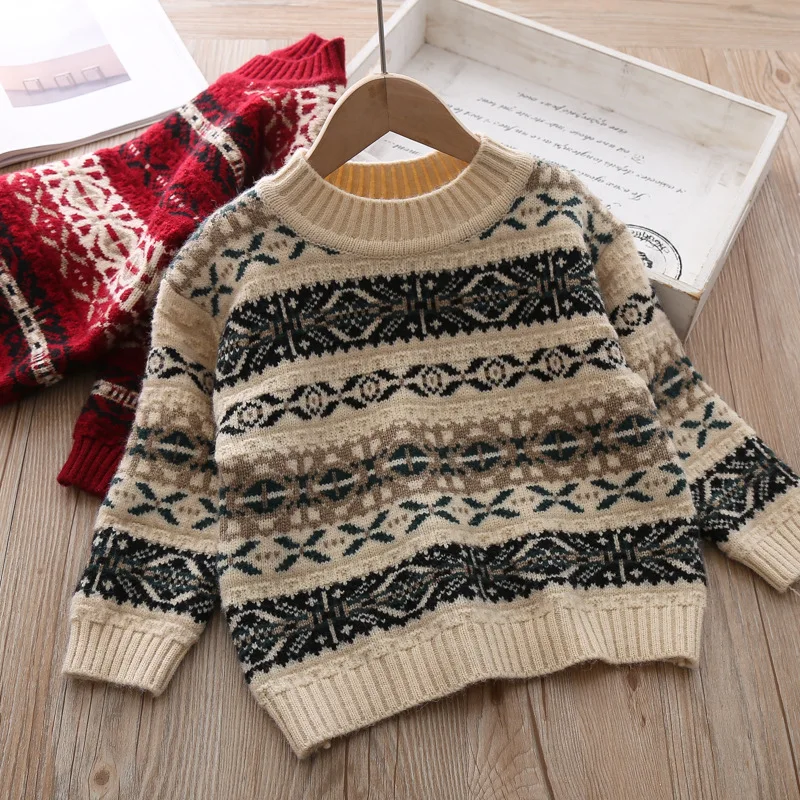 Рождественский свитер для девочек; Хлопковый вязаный свитер для малышей; утепленные свитера для мальчиков и девочек; топы с модным принтом; детская зимняя одежда