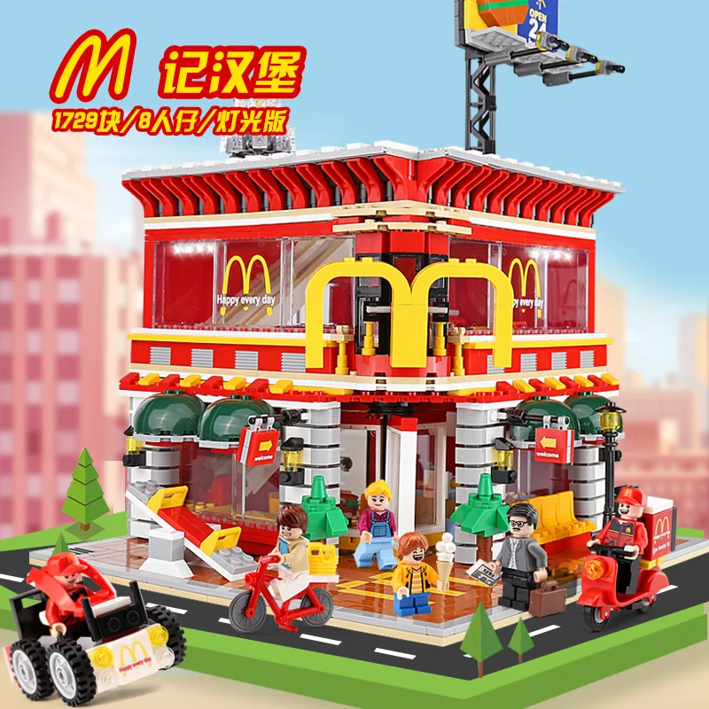 MOC 4 в 1 серия город мини уличный вид светодиодный McDonaldss Ресторан Дом строительные блоки кирпичи игрушки модель архитектура SD6901