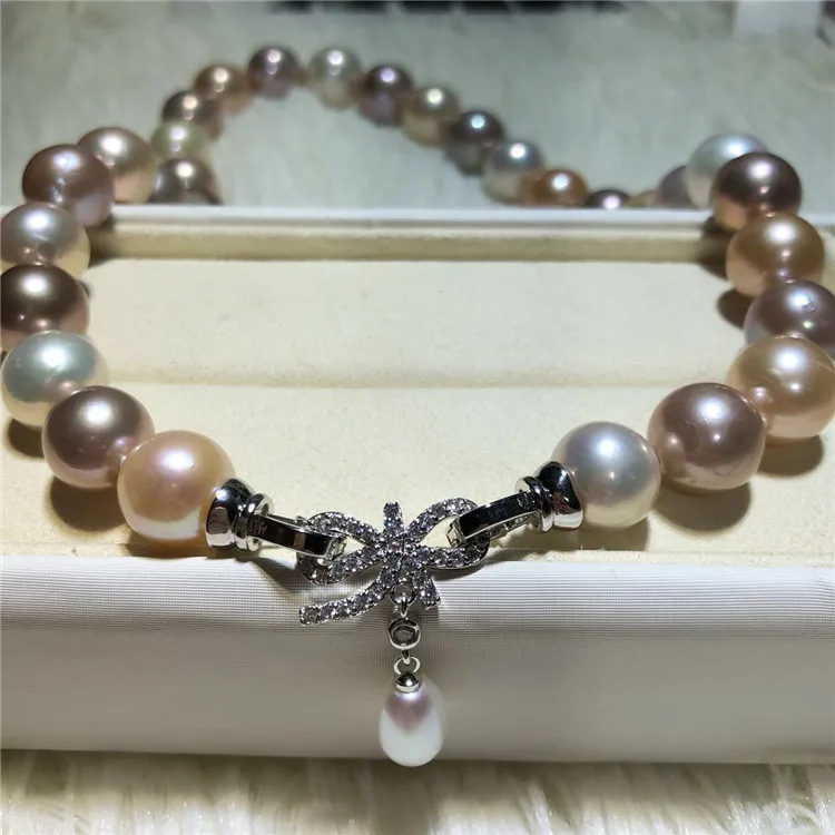 

Hand knotted natural large 10-13mm color Edison freshwater pearl temperament micro inlay zircon clasp necklace fashion jewelry