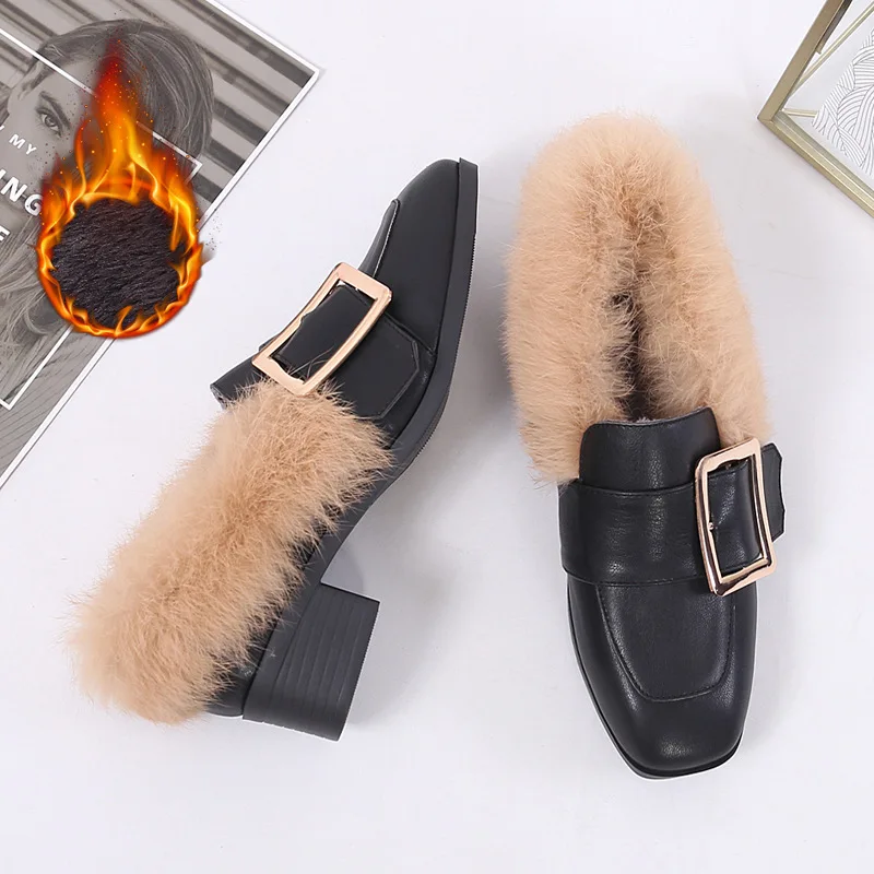 Autumn Ankle Boots Woman Fashion Slip-on Non Slip Warm Fur Shoe Winter Thick Heel Black Microfiber Furry Shoes Ladies