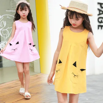 

New Girls Mini Dresses for 3 4 5 6 7 8 9 10 Y Sleeveless Cartoon Cat Sky Blue Dress Kids Summer Party Princess Costume 5M62A