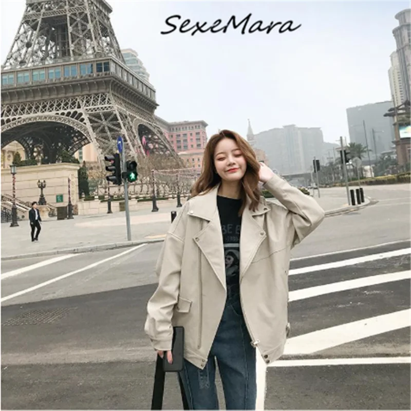 

Streetwear Fashion PU Jacket Plus Size 2019 Loose Black Spring Solid PU Jacket Women