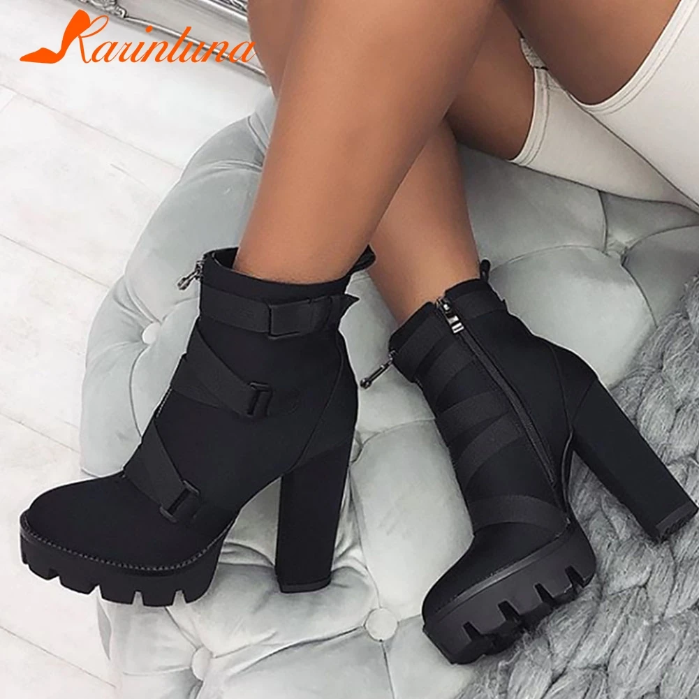 

KARINLUNA 2019 dropship black big size 43 INS HOT brand women shoes ankle boots high heels woman motorcycle boots female shoes