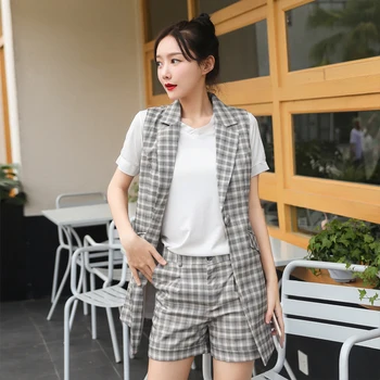 

Vogue Plaid Blazer Vest Suits Women Sets Two Piece Notched Collar Casual Sleeveless Jacket& Short Pants Office Lady Work Sets