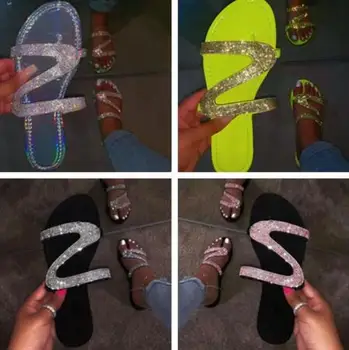 

2020 new women fashion wild women's shoes rhinestone flat sandals slippers beach shoes large size 37-41