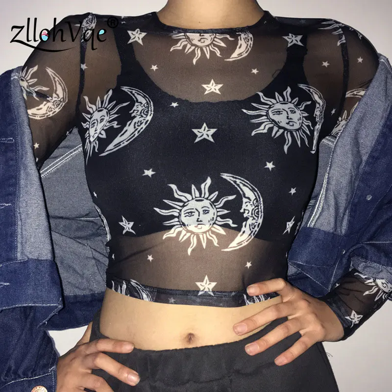 Zllohvqe Sexy Harajuku Mesh Tops O-Neck Long Sleeve See Through T Shirt Transparent Sun Moon Star Print T-shirt Women