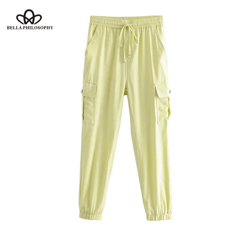 Pockets Solid Cargo Pants Women 2020 Fashion High Elastic Waist