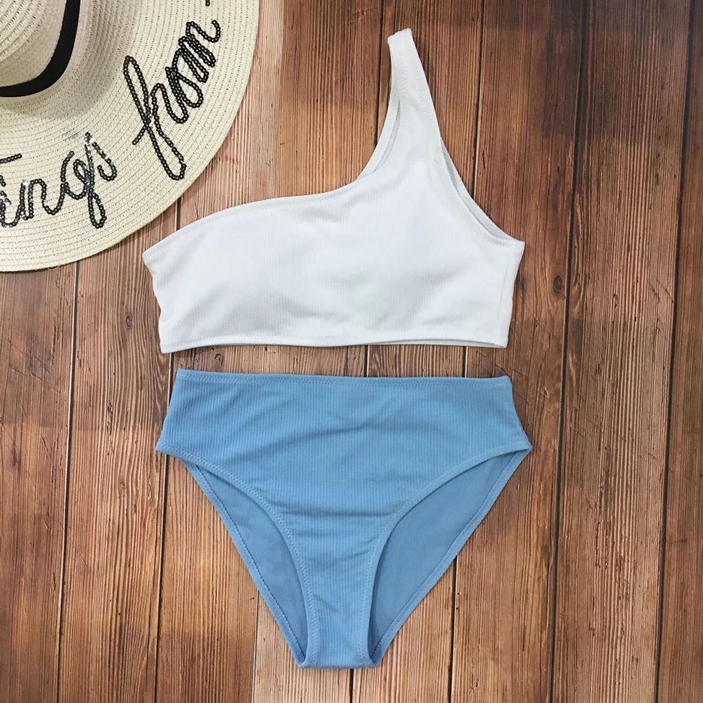 

White One Shoulder Bikini Women Swimwear Bikini Set 2019 New Sexy Push Up Swimsuit Low Waist Textured Ladies Bathing Suits