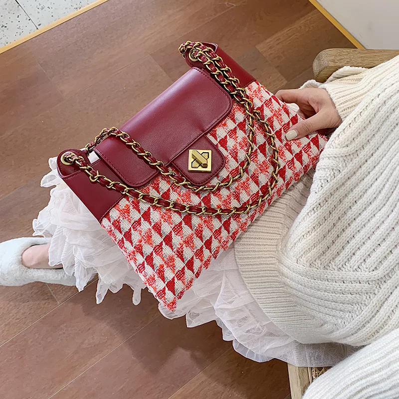 

New Arrival INS Bag New Style 2019 Korean-style Joint Contrast Color Shoulder Bag with Chain Women's Woolen Plaid WOMEN'S Should