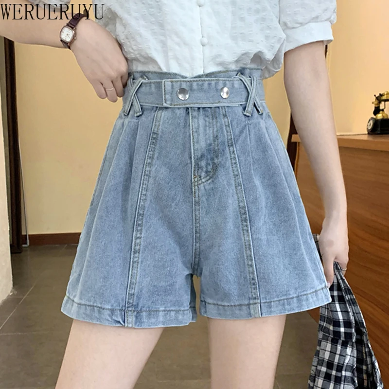 

WERUERUYU Women's Denim Shorts Classic Vintage High Waist Blue Wide Leg Female Caual Summer Ladies Shorts Jeans For Women