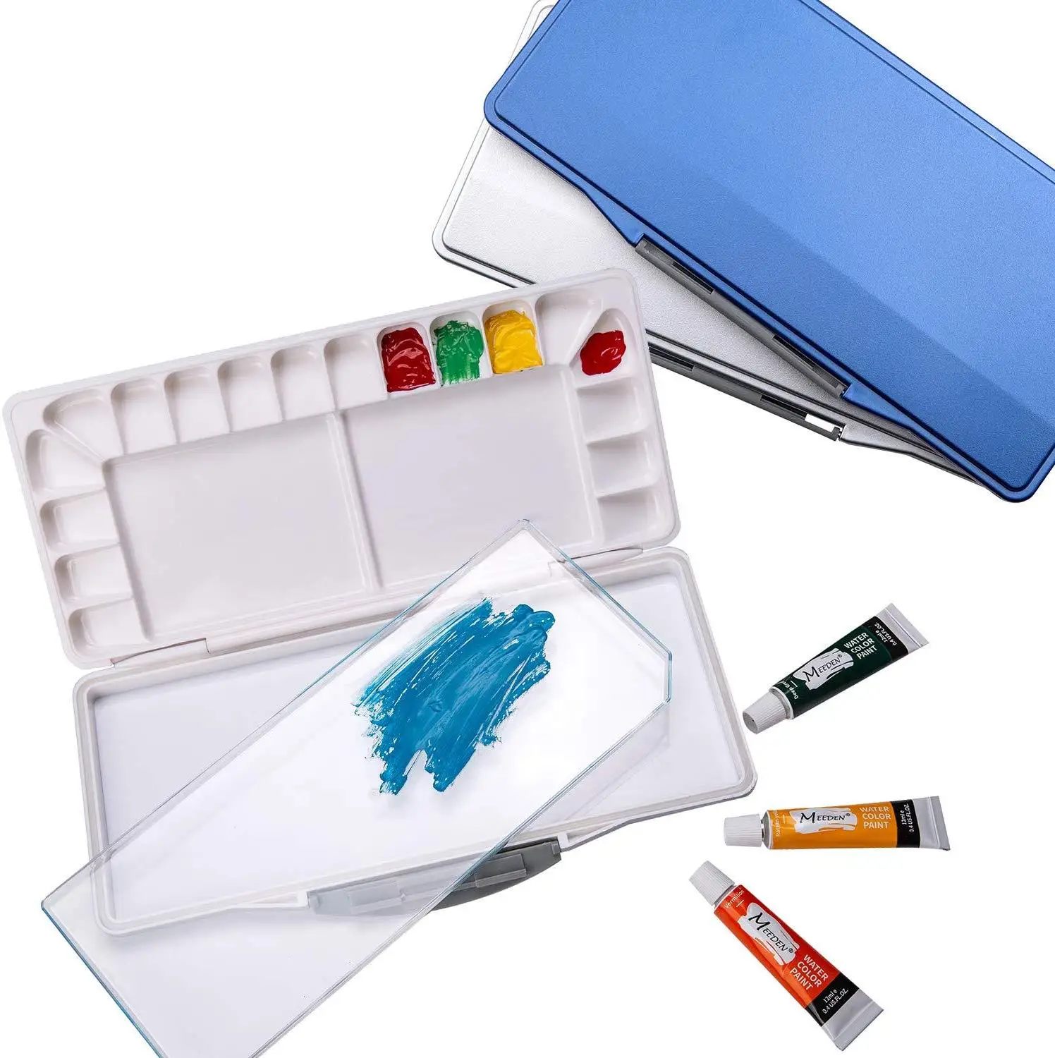 MEEDEN Airtight Leak-Proof Watercolor Palette Gouache & Acrylic Paint Peel-Off Palette Foldable Travel Paint Palette Box with 18-Well & 3 Mixing Areas for Watercolor Silver Case 