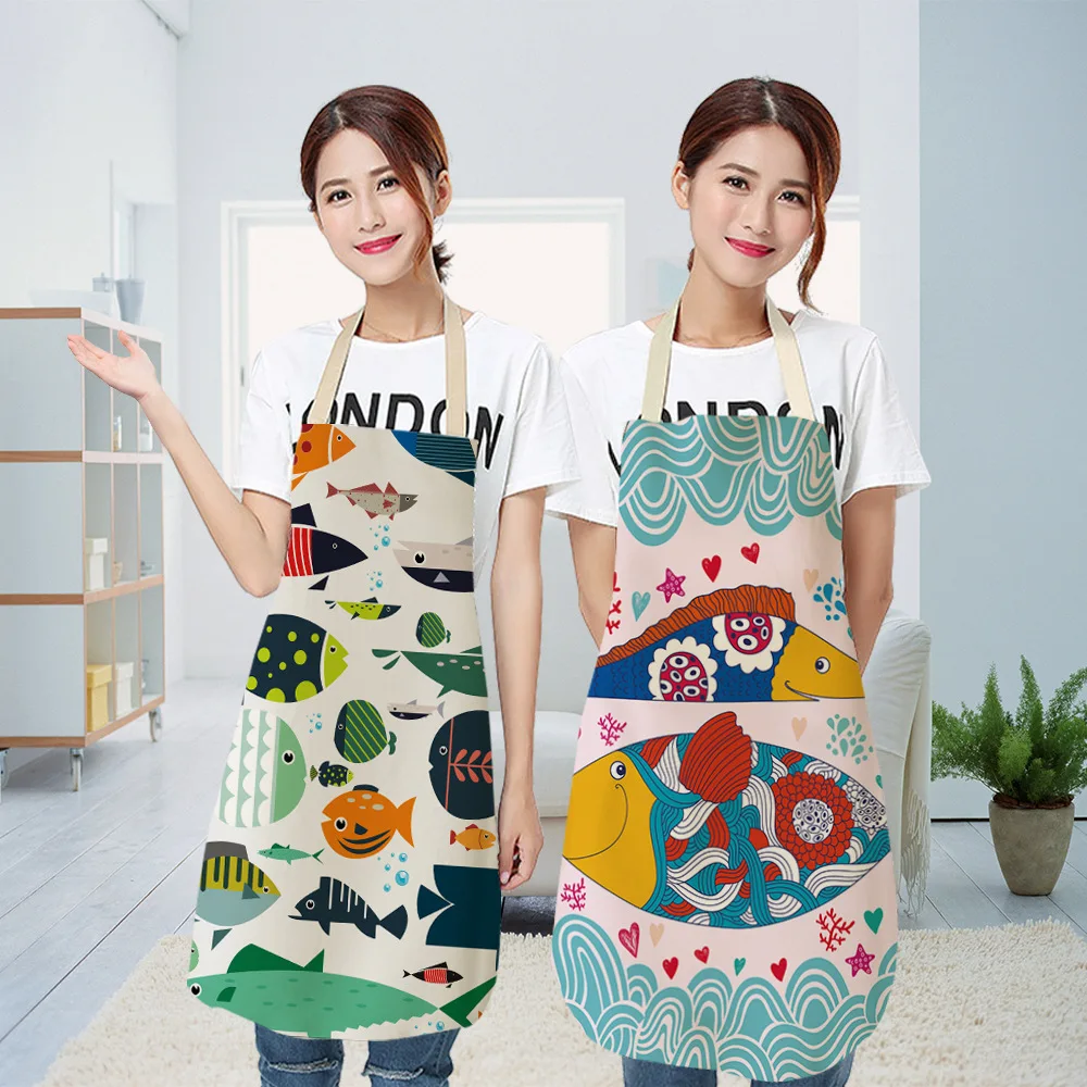 Ocean Animal Fish Kitchen Cooking Aprons For Women Chefs Anti-oil Cotton Linen Household Cleaning Apron Anti-fouling Baking Bibs
