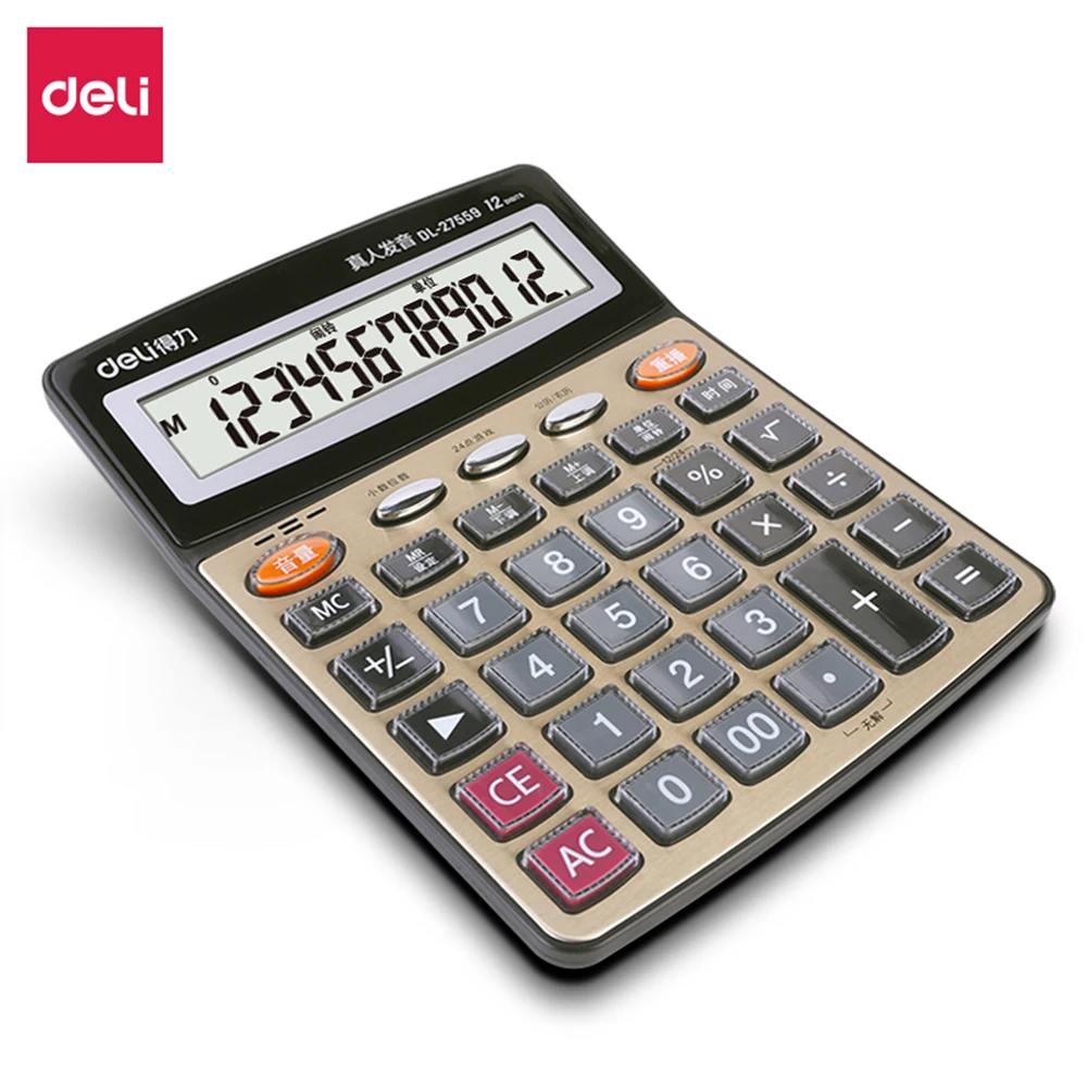 

Deli Home office calculator 12-digit Brushed stainless steel panel music alarm clock calendar Multi-function voice calculator