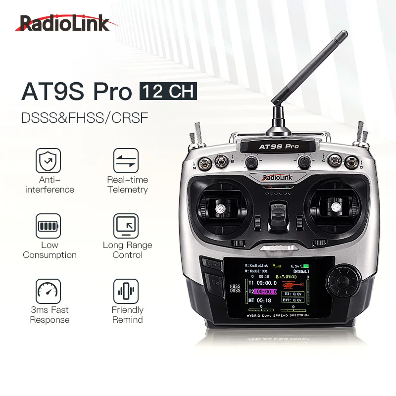 Radiocommande AT9S Pro 2.4GHz 12 canaux avec récepteur et accessoires disposés autour