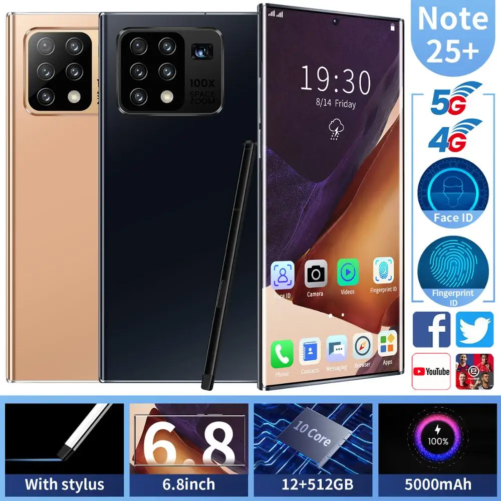 Global Version Galax Note25+ Mobile Phone Snapdragon 865 Android 10.0 12GB 512GB 5000mAh Fingerprint Unlock Smart Cellphone WiFi