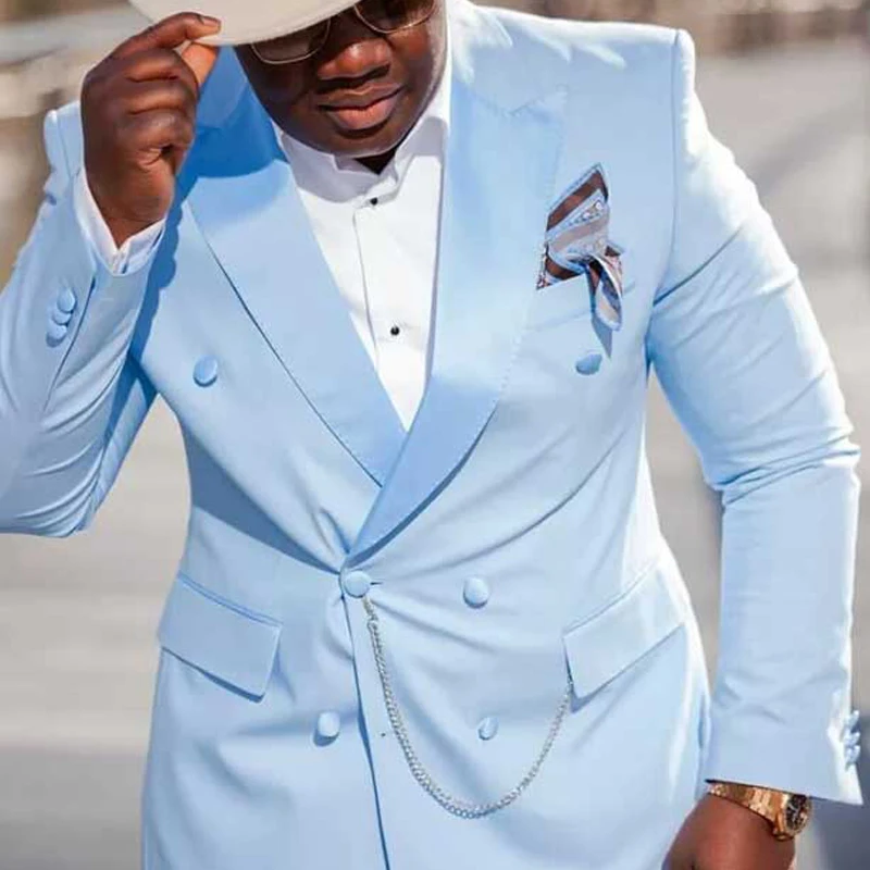 Light Blue Slim Fit Men Suits with Double Breasted Peaked Lapel Groom Tuxedos for Wedding Prom 2 Piece Male Fashion Jacket Pant