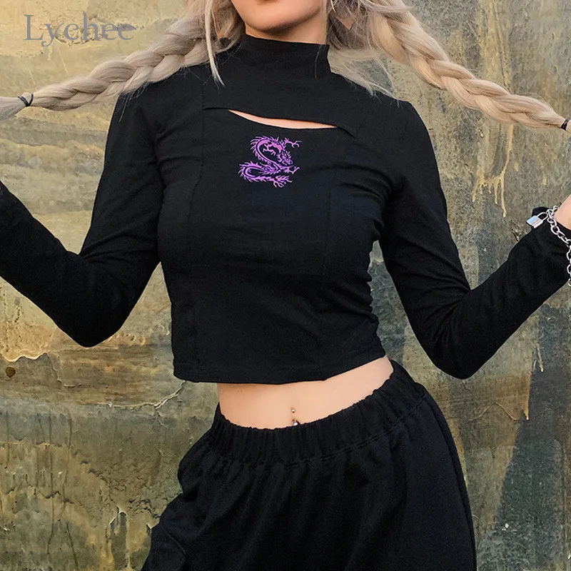Lychee Harajuku женская футболка с принтом дракона открытая женская футболка футболки осенние женские футболки с высоким воротом футболки