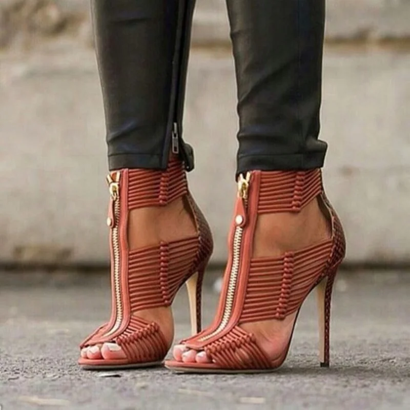 

Sexy Knot Zipper Front High Heel Sandals Women Stiletto Heel Open Toe Strappy Shoes Cut-out Gladiator Heels Party Shoes