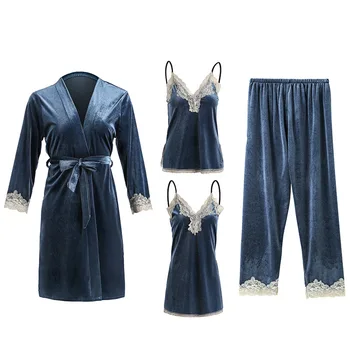 

Women Long Sleeve Sleepwear Velvet Lace Nightwear Home Wear 4PCS Pajamas Suit Thick Autumn Home Clothing Velour Sleep Set