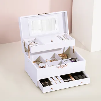

Classical fashion women white color leather jewelry box top quality jewelry Makeup Organizer Box Jewelry Storage Case 200807-28