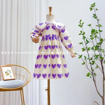 

Girls' autumn dress 2020 autumn new cute net yarn edge big lapel love printed cotton dress trend