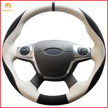 

MEWANT White Genuine Leather Black Suede Black Marker Car Steering Wheel Cover for Ford Focus 3 2012-2014 KUGA Escape 2013-2016