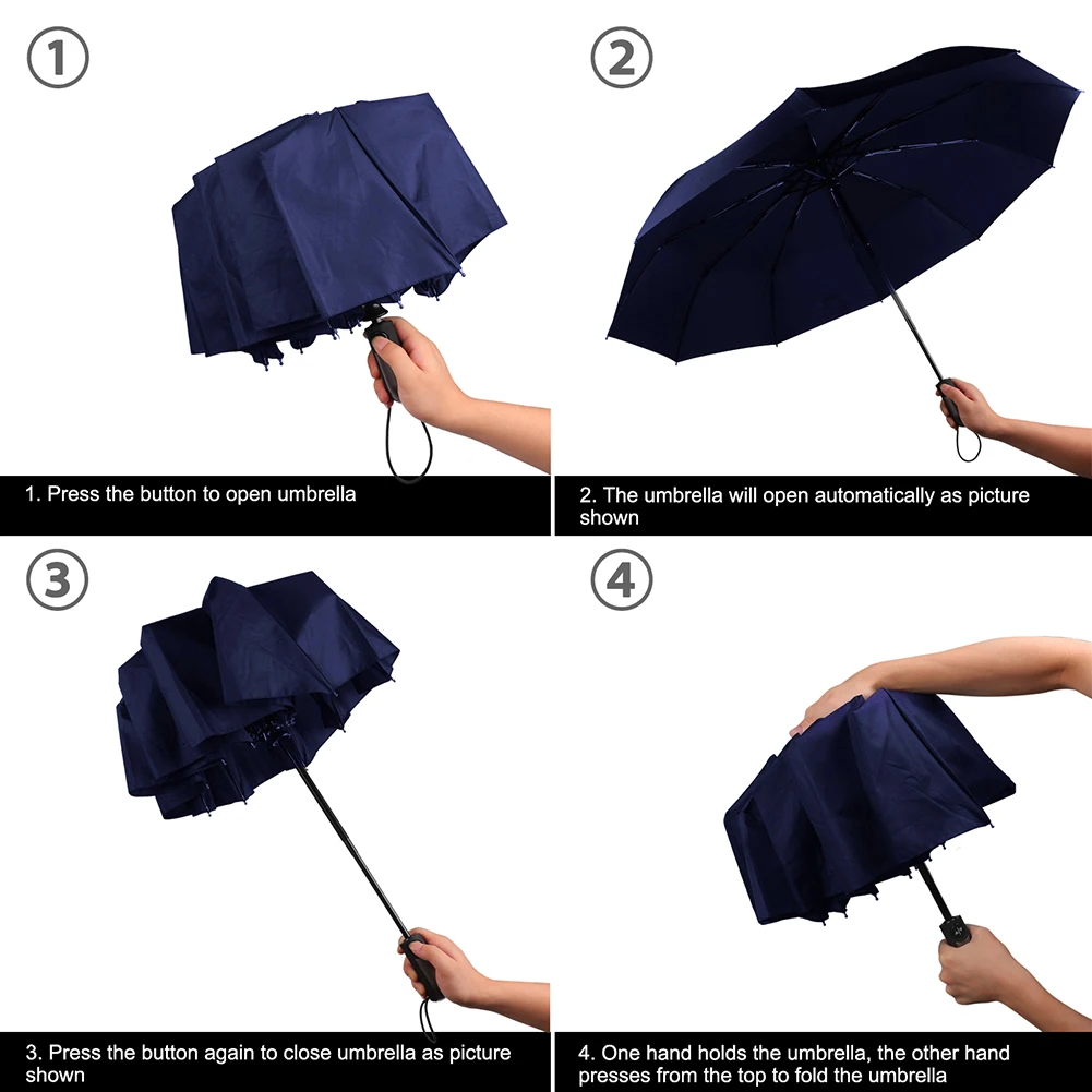 New Fully-Automatic Three Folding Male Commercial Compact Large Strong Frame Windproof 10Ribs Gentle Black Umbrellas