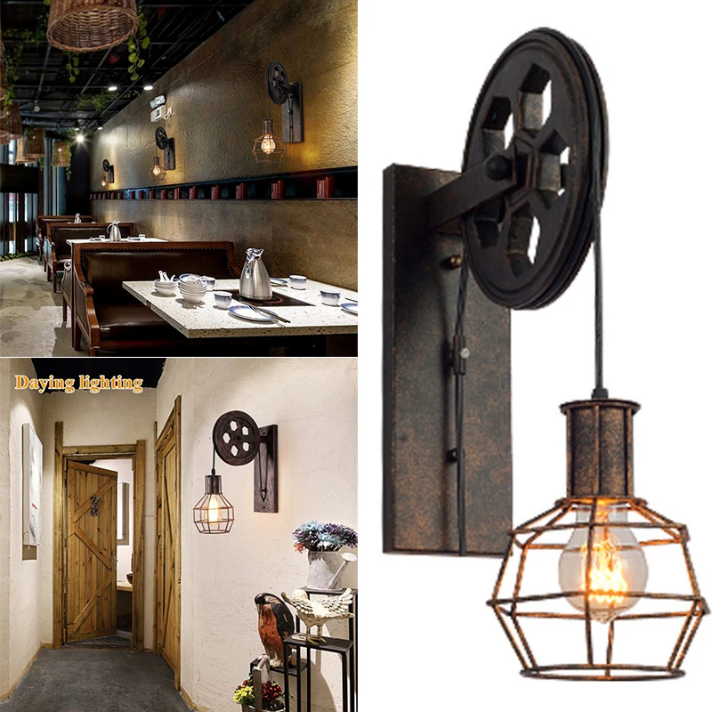 

Vintage Industrial Style Wrought iron lamp Pulley iron rope wall lamp holder Antique Cage Retro Pendant,Single Head Lifting