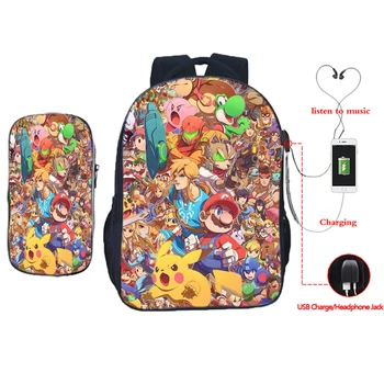 

Super Mario Smash Bros Backpack Bag Girls Boys 2pcs Back To School Bags Bagpack USB Charging Travel Shoulder Bookbag Pen Case