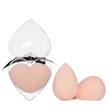 2PCS Practical Washable Elastic Facial Pile Coating Wet Dry Use Makeup Tool Powder Puff Cosmetic Soft Non Latex Heart Shape Box