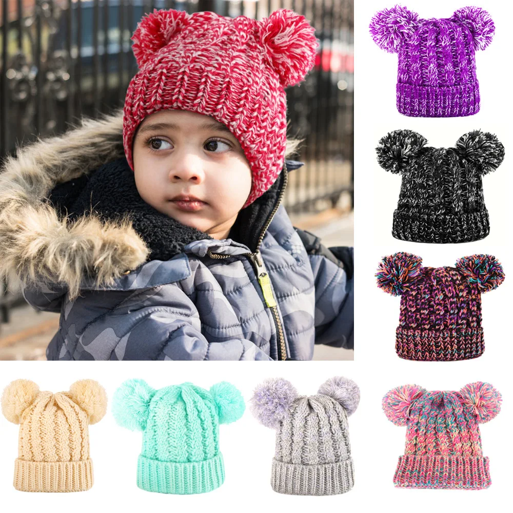 Детская вязаная шерстяная шапка, осень/зима, НОВАЯ шапка с двойным шариком для мальчиков и девочек