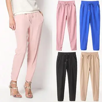 

2019 Women Casual Solid Color Drawstring Elastic Waist Chiffon Trousers Harem Pants Sexy Loose Trousers E Christmas gift Newest