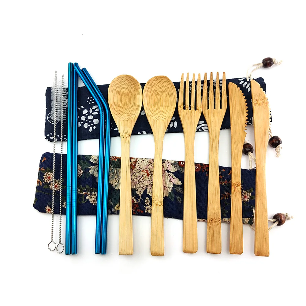 Zero Waste Bamboo Cutlery Set 12Pcs Eco-friendly Reusable Portable Fork Spoon Knife and Straw Brush For DinnerWare | Дом и сад