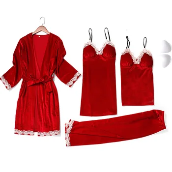 

Velour Sleepwear Female with Chest Pads Sexy Women Pajamas Lace Sleep Lounge 4 Pieces Sets Ladies Indoor Clothing