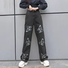 

2021 New Butterfly Pattern Loose Denim Pants Ladies Korean Fashion High Waist Wide Leg Pants Casual Loose Large Size Streetwear