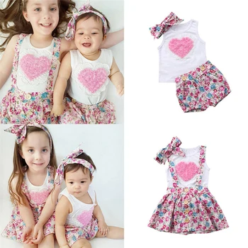 

2020 Newborn Baby Girl Sister Matching Outfit Clothes Sleeveless Heart Tops T-shirt Pants/Skirts Valentine Cute Set
