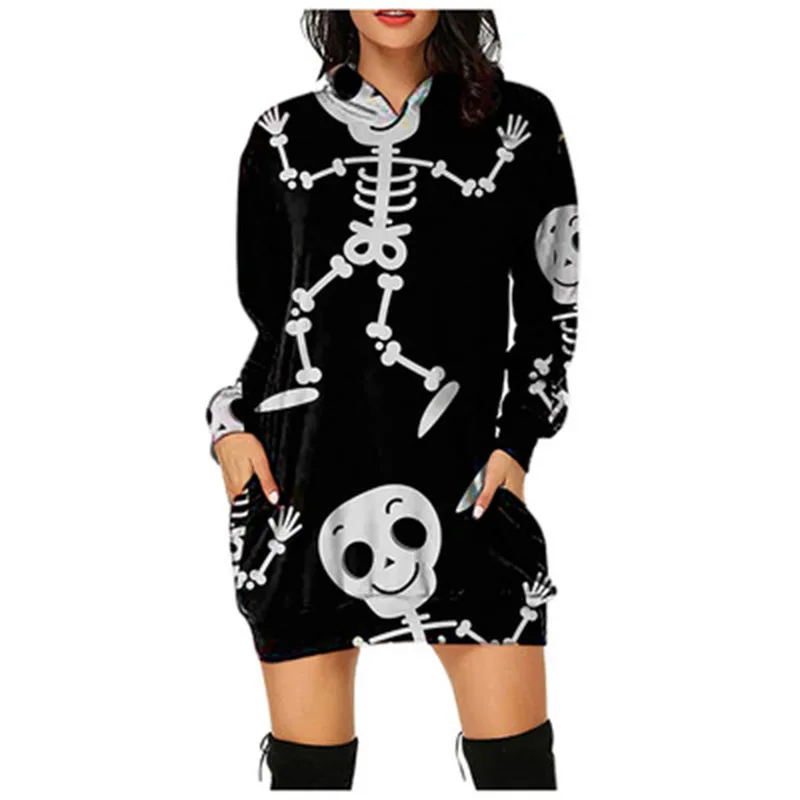 Women's Sweater Dress Printed Sweater with Hood Halloween Theme Ladies Dress Plus Size Party Costume Multi-Color and Multi-Size