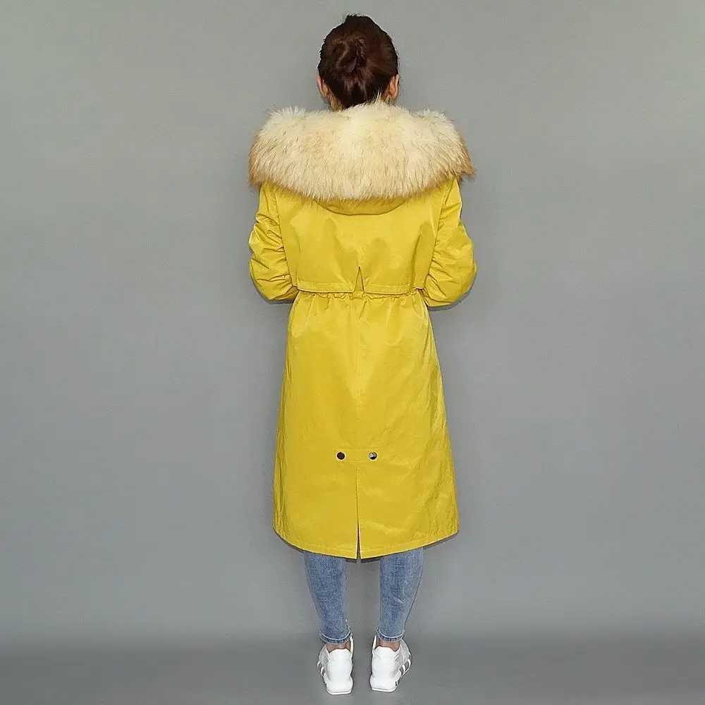 

90cm Long Real Fox Lining fur coat parkas winter jacket coat women parka big golden raccoon fur collar V Red Outer Outwear Plus