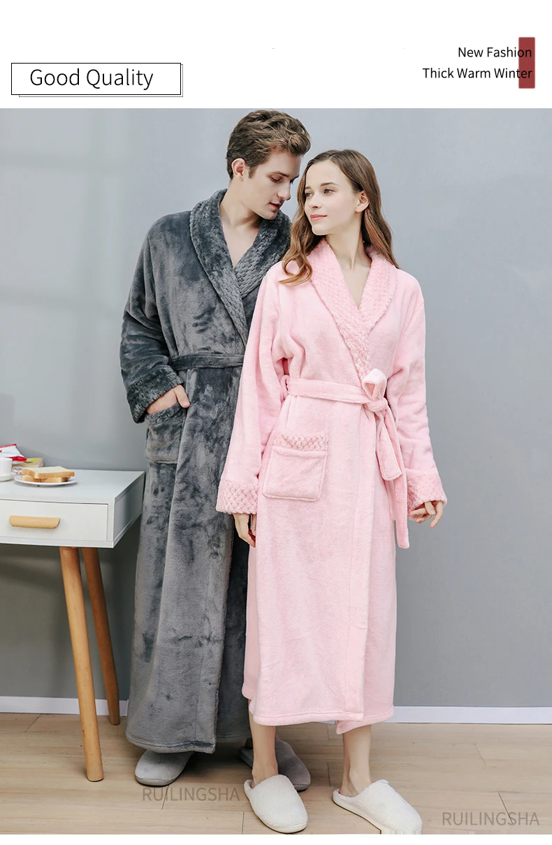 Men Plus Size Extra Long Warm Flannel Fur Bathrobe Mens Winter Sleepwear Male Hooded Zipper Bath Robe Women Coral Dressing Gown men's loungewear sets