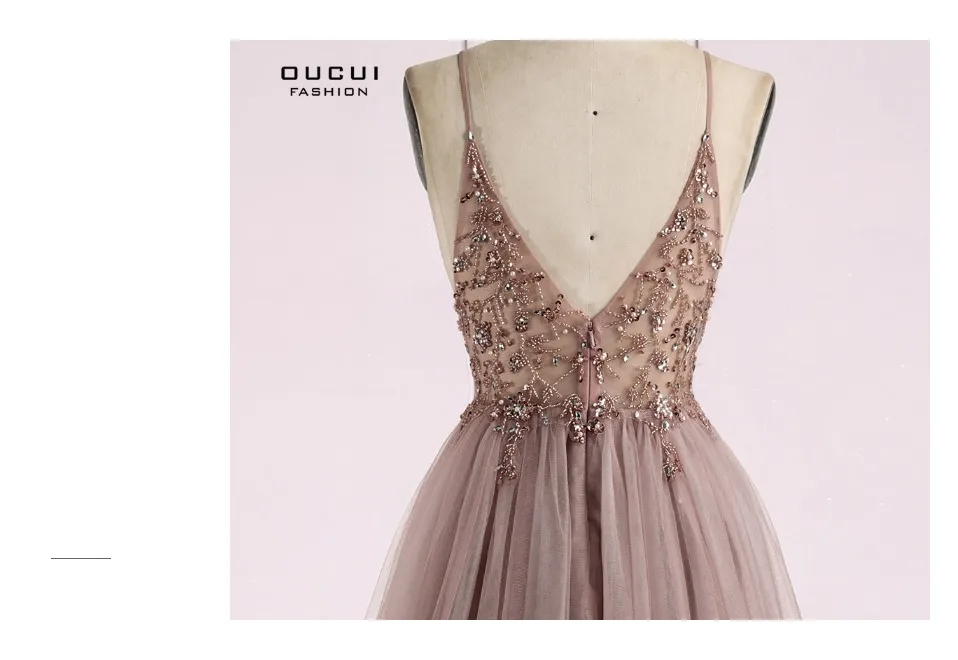 Oucui Dusky Pink Handmade Beaded Prom Dresses 2020 Long Spaghetti Strap See Through Grey Tulle Evening Gown Vestido De Festa