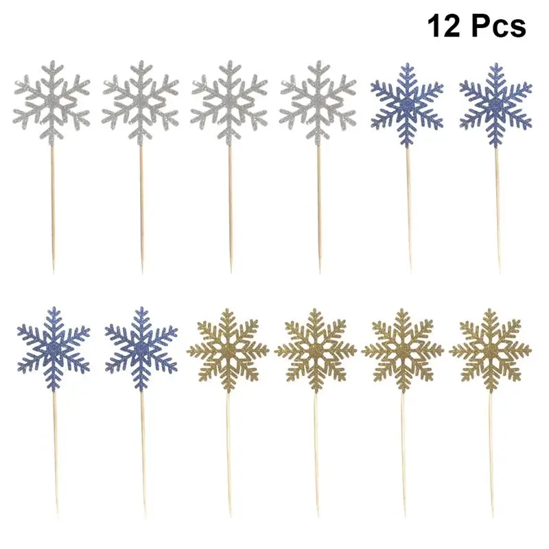 12pcs Snowflake Cake Topper Glitter Paper Shiny Cupcake Picks Cake Toppers Decorative Picks for Decoration Celebration