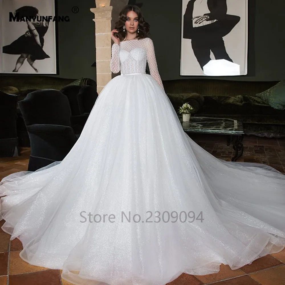 MANYUNFANG роскошное свадебное платье с бусинами, свадебное платье с длинным рукавом и круглым вырезом, свадебное платье-бохо, свадебное платье