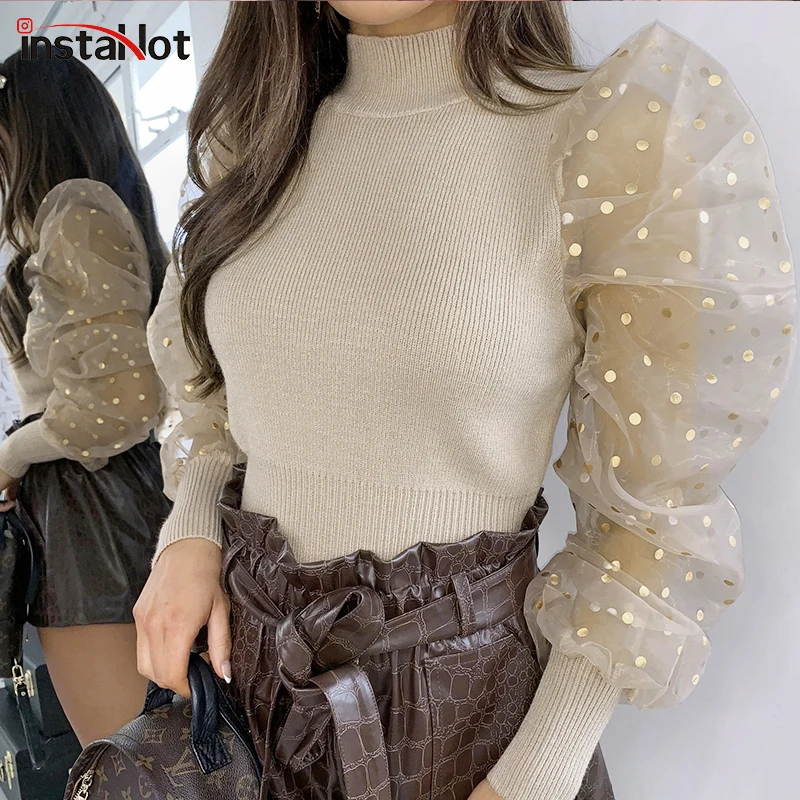 InstaHot черно-белая футболка в горошек с рукавами-фонариками, Женская Осенняя вязаная Водолазка с длинным рукавом в стиле пэчворк, повседневный элегантный топ