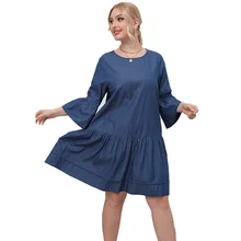 

Plus Size Dress Women Flared Sleeve Round Neck Pleated Dress Loose Casual Blue Dress Mid Length Knee Length Oversized Dress 010